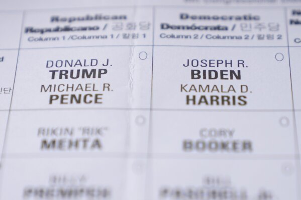 A New Jersey mail-in ballot is seen in Englewood, N.J., Tuesday, Oct. 13, 2020. (AP Photo/Seth Wenig, File)