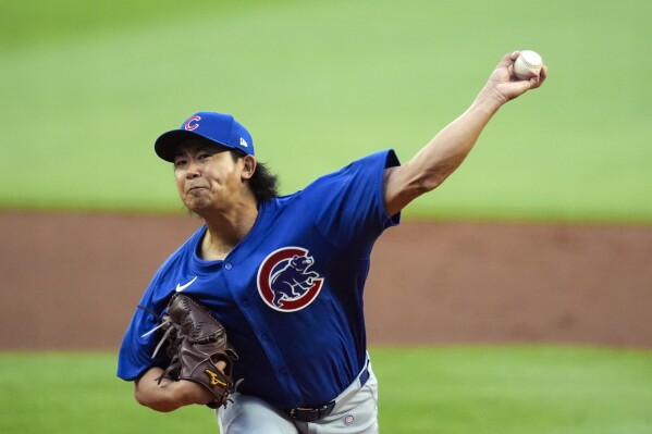 Chicago Cubs pitcher Shota Imanaga works in the first inning of a baseball game against the Atlanta Braves Monday, May 13, 2024, in Atlanta. (AP Photo/John Bazemore)