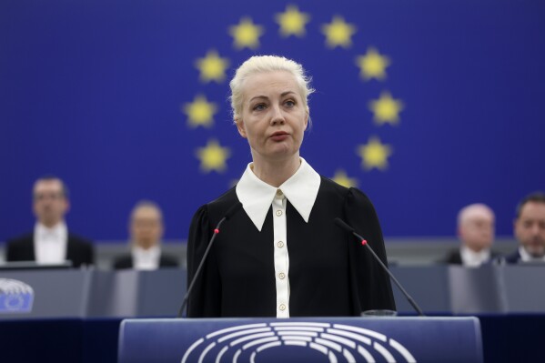 Yulia Navalnaya, widow of Russian opposition leader Alexei Navalny addresses the European Union's parliament on Wednesday Feb. 28, 2024 in Strasbourg, eastern France. The grief-stricken widow of Russian opposition leader Alexei Navalny implored the 27-nation bloc to stand up to Russian President Vladimir Putin. The legislature often interrupted her speech with applause and lauded her efforts to keep the memory of Navalny alive. (AP Photo/Jean-Francois Badias)
