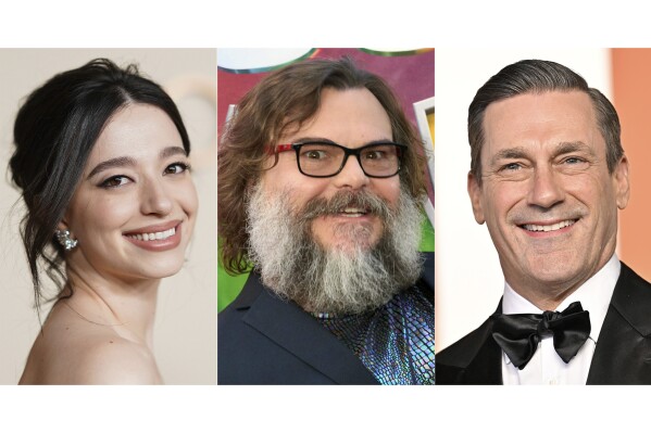 This combination of photos shows actors Mikey Madison at the Oscars Nominees Dinner in Los Angeles on Feb. 25, 2025, left, Jack Black at the premiere of "The Super Mario Bros. Movie," in Los Angeles on April 1, 2023, center, and Jon Hamm at the Vanity Fair Oscar Party in Beverly Hills, Calif., on March 2, 2025, (AP Photo)