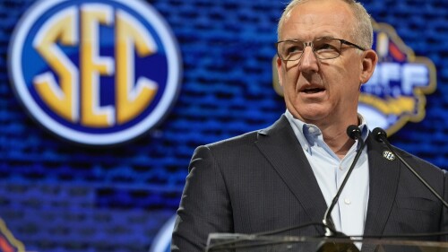SEC Commissioner Greg Sankey speaks during the NCAA college football Southeast Conference media days, Monday, July 17, 2023, in Nashville, Tennessee.  (AP Photo/George Walker IV)
