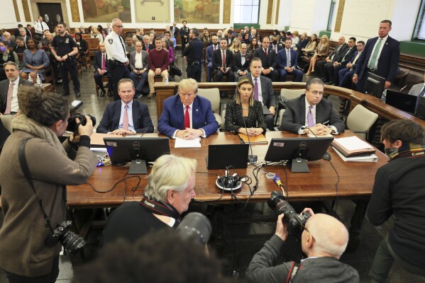 FILE - Former President Donald Trump (center) sits in court before closing arguments begin in his civil business fraud trial in New York Supreme Court on January 11, 2024.  January 11, 2024. A New York judge ruled against Donald Trump on Friday, February 16, in what the judge said was a years-long scheme to defraud banks and others with financial statements that inflated the former president's wealth. A fine of $64 million was imposed. Trump is also prohibited from serving as an officer or director of a New York company for three years. However, the judge reversed an earlier ruling to dissolve the former president's company.  (Pool photo via Michael Santiago/AP)