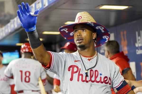 Philadelphia Phillies' Jean Segura after hitting a solo home run during the first inning of a baseball game against the New York Mets, Saturday, Sept. 18, 2021, in New York. (AP Photo/Mary Altaffer)