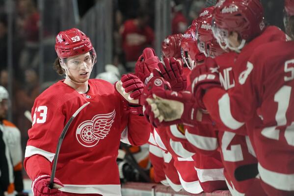 Detroit Red Wings left wing Tyler Bertuzzi (59) celebrates his goal against  the Los Angeles Kings in the third period of an NHL hockey game Wednesday,  Feb. 2, 2022, in Detroit. (AP