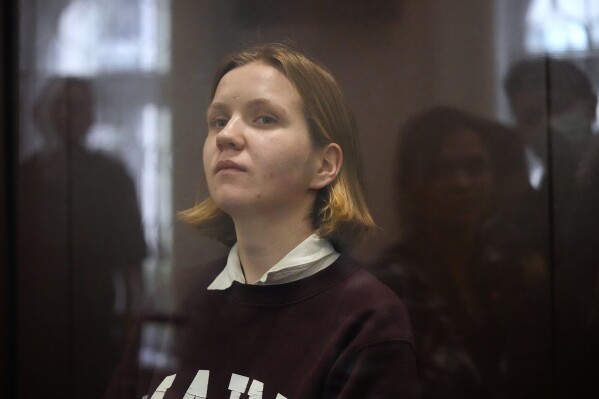 FILE - Darya Trepova, a suspect in a bombing that killed a well-known Russian military blogger, attends a court hearing in the Basmanny District Court, in Moscow, Russia, Thursday, June 1, 2023. The Russian authorities on Friday sought a 28-year prison sentence for Trepova over the bombing at a St. Petersburg cafe that killed a prominent Russian military blogger and injured over 50 others. (AP Photo/Alexander Zemlianichenko, File)