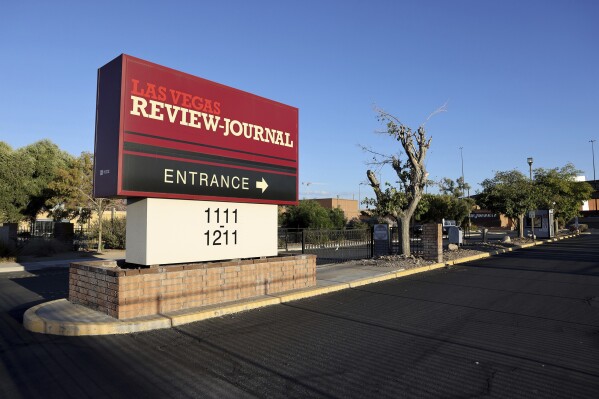 The entrance to the Las Vegas Review-Journal campus is shown in Las Vegas, Wednesday, Aug. 30, 2023. The Review-Journal is being viciously attacked, either because of a misunderstanding or willful attempt to mislead, over its coverage of an alleged murder. (K.M. Cannon/Las Vegas Review-Journal via AP)
