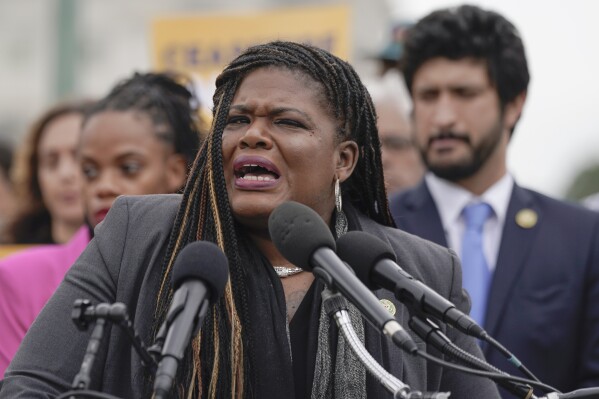 FILE - Rep. Cori Bush, D-Mo., speaks at a news conference to call for a ceasefire in Israel and Gaza on Capitol Hill, Oct. 20, 2023, in Washington. The Justice Department is looking into allegations Bush misused government funds for her personal security. Bush said in a statement that federal prosecutors were reviewing her campaign's spending on security services a day after the Justice Department subpoenaed the House Sergeant at Arms for related documents. (APPhoto/Mariam Zuhaib, File)
