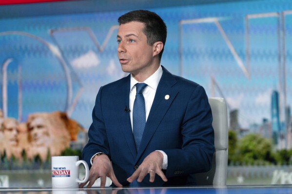 Transportation Secretary Pete Buttigieg speaks during an interview with "Fox News Sunday" anchor Shannon Bream at the Fox News bureau in Washington, Sunday, March 10, 2024. (AP Photo/Jose Luis Magana)