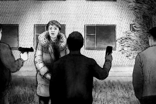 Illustration depicting Olena Yahupova, a Ukrainian civil administrator, being interviewed on camera while outside of the camera view, a Russian soldier points a gun towards her.(AP Illustration/Peter Hamlin)