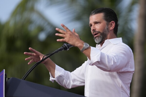 Donald Trump Jr., speaks before Republican presidential candidate former President Donald Trump at a campaign rally at Trump National Doral Miami, Tuesday, July 9, 2024, in Doral, Fla. (AP Photo/Rebecca Blackwell)