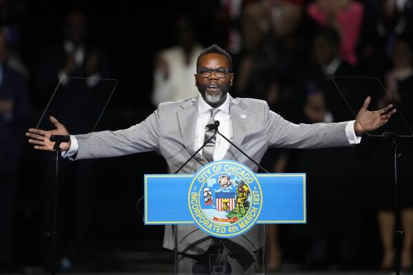 Chicago Mayor Brandon Johnson gestures during his inaugural address after taking the oath of office as Chicago's 57th mayor Monday, May 15, 2023, in Chicago. Johnson, 47, faces an influx of migrants in desperate need of shelter, pressure to build support among skeptical business leaders, and summer months that historically bring a spike in violent crime. (AP Photo/Charles Rex Arbogast)