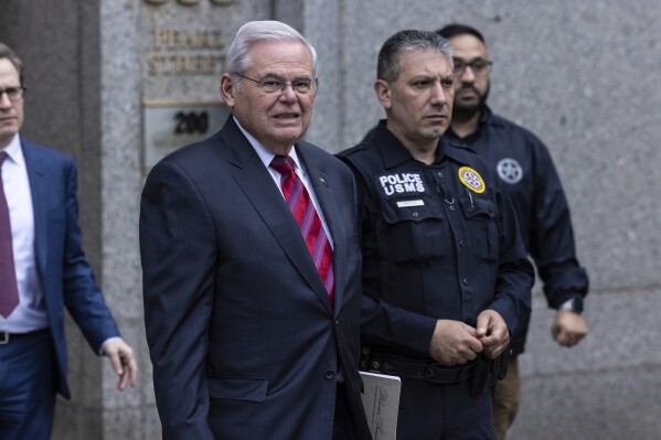 Sen. Bob Menendez, D-N.J., leaves the Manhattan federal court, after the first day of his corruption trial, Monday, May, 13, 2024, in New York. (AP Photo/Stefan Jeremiah)