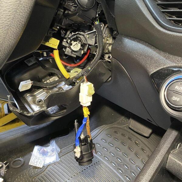 This photo provided by Zenith Auto Care shows damage to a steering wheel column and ignition assembly after the car was stolen, on April 20, 2023, in North Las Vegas. A sharp uptick in thefts of Hyundais and Kias over the paast two years has been linked to viral videos posted to TikTok and other social media platforms that teach people how to exploit a security vulnerability to steal the cars. (Zenith Auto Care via AP)