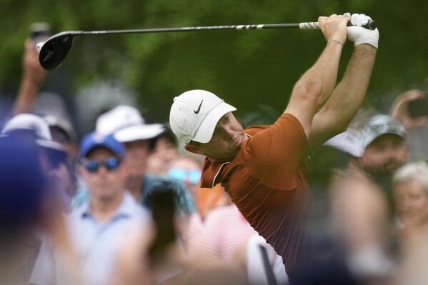 Rory McIlroy, of Northern Ireland, hits his tee shot on the third hole during the second round of the PGA Championship golf tournament at the Quail Hollow Club, Friday, May 16, 2025, in Charlotte, N.C. (AP Photo/David J. Phillip)