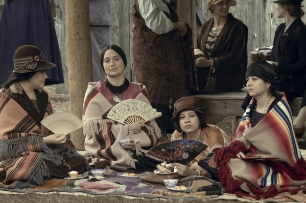 This image released by Apple TV+ shows, from left, JaNae Collins, Lily Gladstone, Cara Jade Myers and Jillian Dion in a scene from "Killers of the Flower Moon." (Melinda Sue Gordon/Apple TV+ via AP)