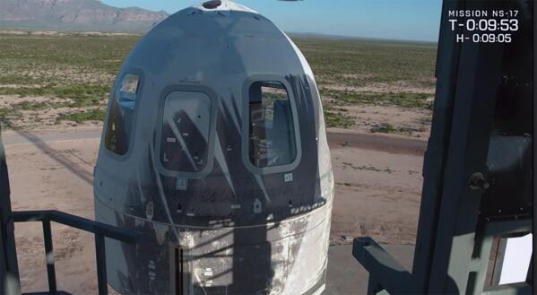 This photo taken from video provided by Blue Origin shows the capsule prior to launch of the New Shepard rocket in West Texas, Texas, on Thursday, Aug. 26, 2021. (Blue Origin via AP)
