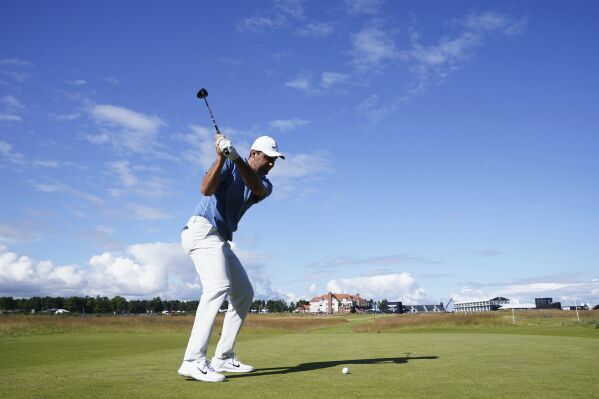 USA's Scottie Scheffler tees off the fifth during the Pro-Am ahead of the Genesis Scottish Open 2023 at The Renaissance Club, North Berwick, Britain,Wednesday, July 12, 2023. (Jane Barlow/PA via AP)