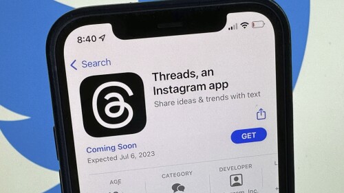 The announcement of the social media app 'Threads' is displayed in Apple's US App Store seen on the screen of a smartphone in Berlin, Germany, Tuesday, July 4, 2023. Meta is poised to launch a new app that appears to mimic Twitter in a direct challenge to the social media platform owned by billionaire Elon Musk. A listing for the app, called Threads, appeared on Apple’s App Store, indicating it would debut as early as Thursday. (Christoph Dernbach/dpa via AP)