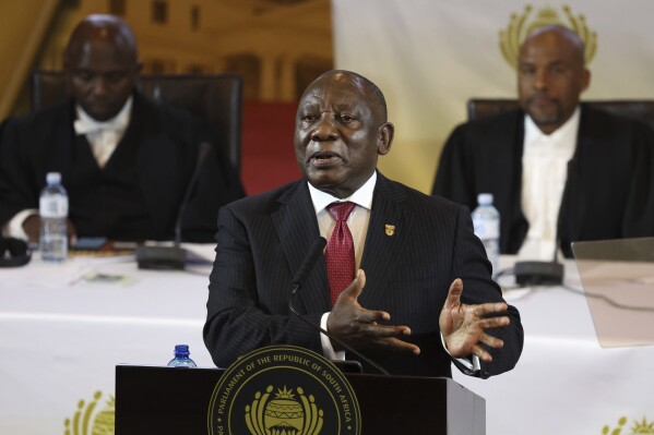 South African President Cyril Ramaphosa delivers the state of the nation address in Cape Town, South Africa, Thursday, Feb. 8, 2024. (Esa Alexander/Pool Photo via AP)