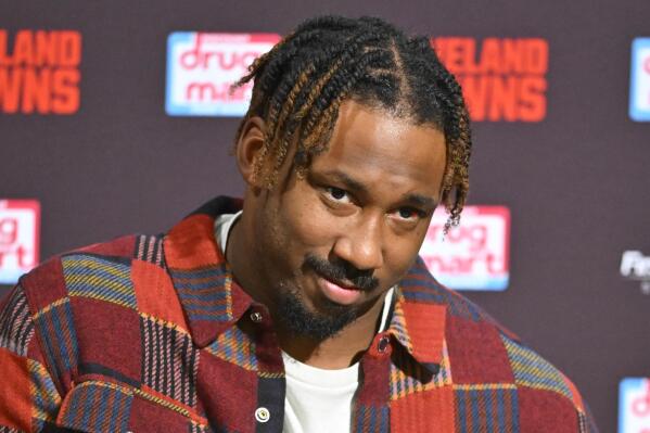 Cleveland Browns defensive end Myles Garrett takes questions during the news conference after an NFL football game against the New England Patriots, Sunday, Oct. 16, 2022, in Cleveland. (AP Photo/David Richard)