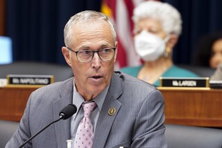 FILE - Rep. Jared Huffman, D-Calif., speaks as the House Committee on Transportation and Infrastructure works to advance the Water Resources Development Act of 2022, on Capitol Hill in Washington, May 18, 2022. A group of House Democrats is warning about the far-right Project 2025 agenda for a Trump White House. The Stop Project 2025 Task Force is announced by Huffman. (AP Photo/Mariam Zuhaib, File)