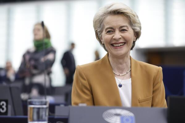 President of the European Commission Ursula Von der Leyen delivers her speech during a debate preparing the next European Council meeting, Wednesday, March 15, 2023 in Strasbourg, eastern France. (AP Photo/Jean-Francois Badias)