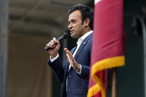 Republican presidential candidate businessman Vivek Ramaswamy speaks at a caucus site at Horizon Events Center, in Clive, Iowa on Monday. (AP Photo/Andrew Harnik)