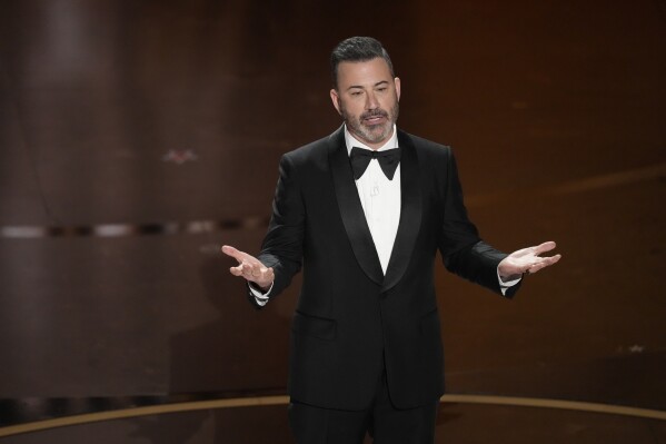 Host Jimmy Kimmel speaks during the Oscars on Sunday, March 10, 2024, at the Dolby Theatre in Los Angeles. (AP Photo/Chris Pizzello)