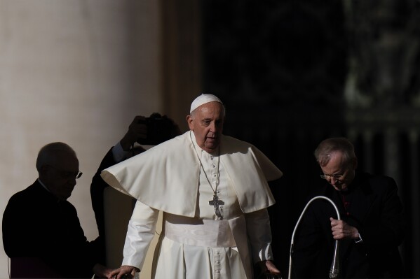 Pope Francis arrives for his weekly general audience in St. Peter's Square, at the Vatican, Wednesday, Nov. 8, 2023. (AP Photo/Alessandra Tarantino)