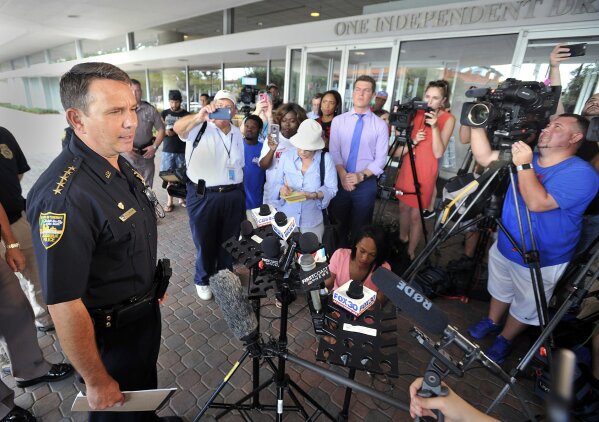 
              Jacksonville Sheriff Mike Williams addresses the media across the street from the scene of a multiple shooting at The Jacksonville Landing during a video game tournament, Sunday, Aug. 26, 2018, in Jacksonville, Fla. (Will Dickey/The Florida Times-Union via AP)
            