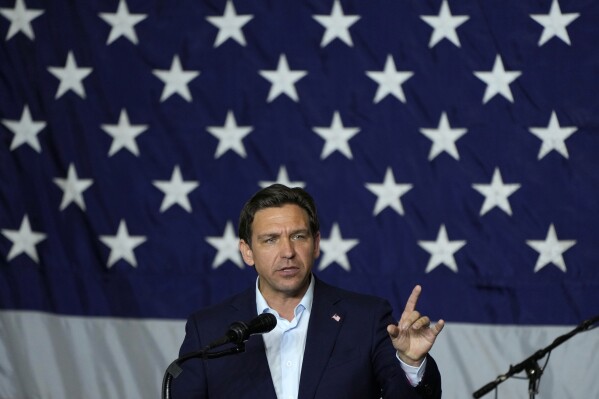 FILE - Republican presidential candidate Florida Gov. Ron DeSantis speaks during a fundraising event for Rep. Ashley Hinson, R-Iowa, Aug. 6, 2023, in Cedar Rapids, Iowa. DeSantis is dismissing concerns about his latest staffing shakeup as he returns to Iowa in the midst of a weekslong campaign reset. (AP Photo/Charlie Neibergall, File)