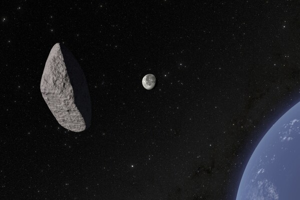 This artistic animation shows asteroid 2024 YR4 passing by Earth. Astronomers created a 3D image of the newly discovered asteroid after observing it with a telescope in Chile. (9NOIRLab/NSF/AURA/R. Proctor via AP)