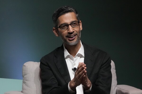 Google and Alphabet CEO Sundar Pichai speaks at the Business, Government and Society Forum at Stanford University in Stanford, Calif., Wednesday, April 3, 2024. (AP Photo/Jeff Chiu)