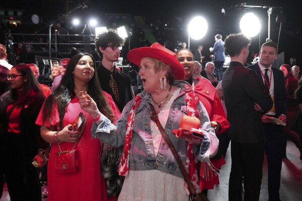 Liberal Party's supporters cheer on results at the party election night headquarters in Ottawa, Monday, April 28, 2025. (Nathan Denette/The Canadian Press via AP)