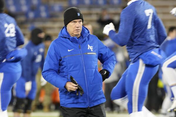 FILE - Air Force head coach Troy Calhoun looks on as players warm up before an NCAA college football game against Colorado State, Saturday, Nov. 19, 2022, at Air Force Academy, Colo. Baylor and Air Force will play in the Armed Forced Bowl on Dec. 22 in Fort Worth, Texas. (AP Photo/David Zalubowski, File)
