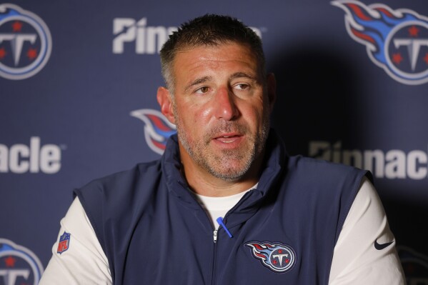 Tennessee Titans head coach Mike Vrabel responds to questions during a post game news conference following their preseason NFL football game against the Minnesota Vikings, Saturday, Aug. 19, 2023, in Minneapolis. (AP Photo/Bruce Kluckhohn)