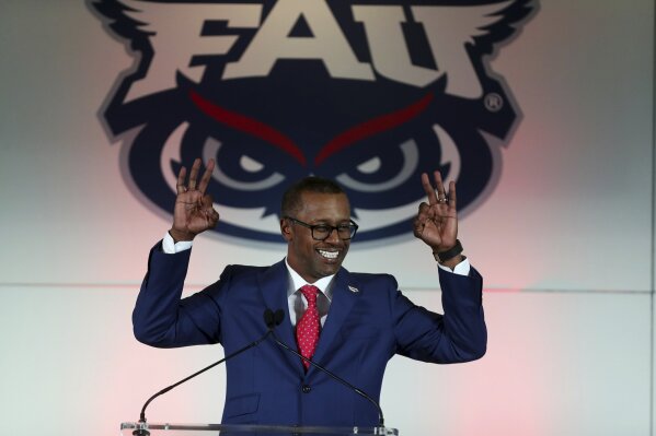 Former Florida State coach Willie Taggart introduced as Florida Atlantic University's, new football head coach during press conference Thursday, Dec. 12, 2019, in Boca Raton, Fla. (Carline Jean/South Florida Sun-Sentinel via AP)