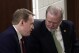 Speaker of the House Destin Hall, R-Caldwell, left, and Senate leader Phil Berger, R-Rockingham, right, confer before North Carolina Gov. Josh Stein, not pictured, delivers the State of the State address at the Legislative Building, Wednesday, March 12, 2025, in Raleigh N.C. (AP Photo/Chris Seward, File)