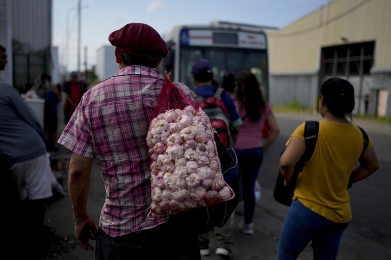 Hugo Veloz holds garlic he bought wholesale at a market while waiting for a bus to leave the outskirts of Buenos Aires, Argentina and resell the garlic downtown, Wednesday, Jan. 10, 2024. (AP Photo/Natacha Pisarenko)