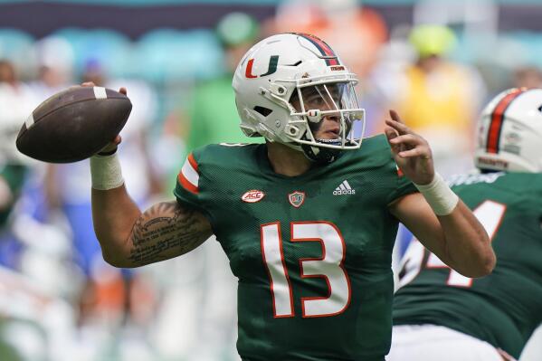 Miami quarterback Jake Garcia (13) throws a pass during the first half of an NCAA college football game against Duke, Saturday, Oct. 22, 2022, in Miami Gardens, Fla. (AP Photo/Wilfredo Lee)