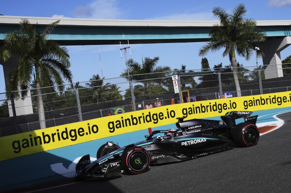 Mercedes driver George Russell of Britain steers his car during the Sprint race qualifying session at the Formula One Miami Grand Prix auto race, Friday, May 2, 2025, in Miami Gardens, Fla. (AP Photo/Rebecca Blackwell)