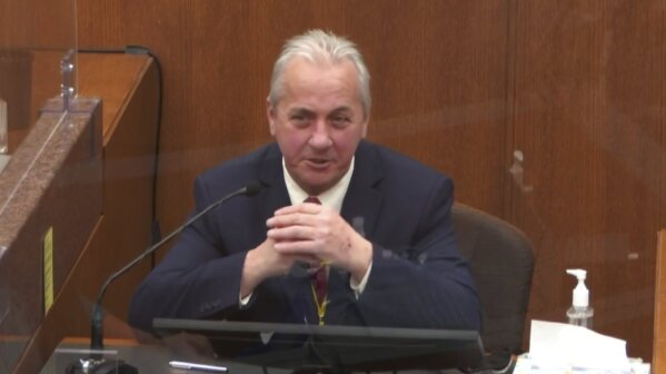 In this image from video, witness Lt. Richard Zimmerman of the Minneapolis Police Department, testifies as Hennepin County Judge Peter Cahill presides Friday, April 2, 2021, in the trial of former Minneapolis police Officer Derek Chauvin at the Hennepin County Courthouse in Minneapolis, Minn. Chauvin is charged in the May 25, 2020 death of George Floyd. (Court TV via AP, Pool)