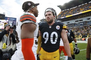 Pittsburgh Steelers linebacker T.J. Watt (90) talks with Cleveland Browns defensive end Myles Garrett (95) after an NFL football game, Jan. 8, 2023, in Pittsburgh. Garrett will lead the Browns (1-0) into Pittsburgh on Monday night Sept. 18 2023 to face the Steelers (0-1)." "Watt and the Steelers (0-1) will try to bounce back after getting drilled by San Francisco when they host Cleveland (1-0) on Monday night. (AP Photo/Matt Durisko)