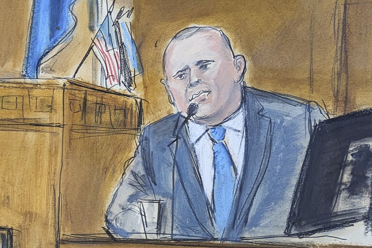 Gary Farro, a private client adviser who previously worked at First Republic Bank, testifies on the witness stand in Manhattan criminal court, Friday, April 26, 2024, in New York. (Elizabeth Williams via AP)