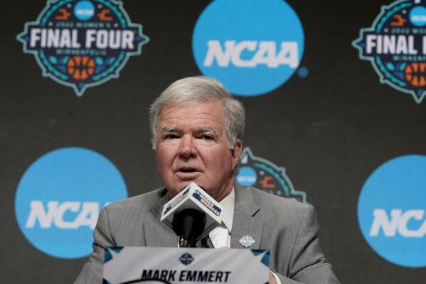 NCAA president Mark Emmert speaks at a news conference at the Target Center, site of of the Women's Final Four NCAA tournament Wednesday, March 30, 2022, in Minneapoils. (AP Photo/Eric Gay)