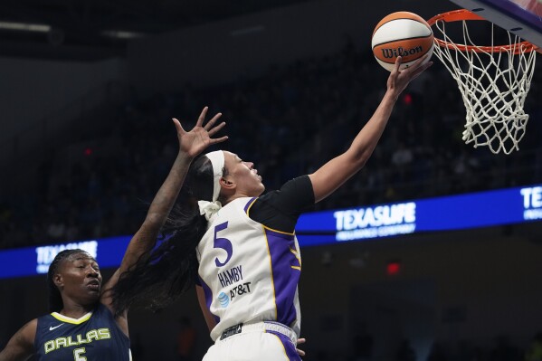 Los Angeles Sparks forward Dearica Hamby (5) scores against Dallas Wings forward Natasha Howard during the second half of a WNBA basketball basketball game in Arlington, Texas, Wednesday, June 14, 2023. (AP Photo/LM Otero)