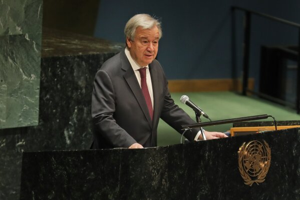 United Nations Secretary-General Antonio Guterres speaks during a Holocaust memorial event at U.N. headquarters, Monday, Jan. 27, 2020. (AP Photo/Seth Wenig)