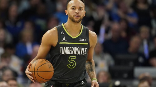 FILE - Minnesota Timberwolves forward Kyle Anderson (5) dribbles down the court during the first half of an NBA basketball play-in tournament game against the Oklahoma City Thunder, Friday, April 14, 2023, in Minneapolis. Timberwolves sixth man Kyle Anderson will play for China in the FIBA Basketball World Cup starting next month. Anderson and the Chinese Basketball Association on Monday, July 24, announced Anderson's addition to the roster. Anderson's maternal great grandfather was Chinese, making Anderson eligible to play for China as a naturalized citizen. (AP Photo/Abbie Parr)