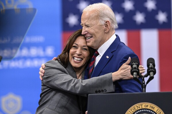 Vice President Kamala Harris embraces President Joe Biden after a speech on healthcare in Raleigh, N.C., Tuesday, March. 26, 2024. (AP Photo/Matt Kelley)