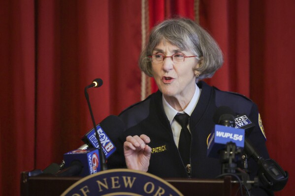 New Orleans Police Superintendent Anne Kirkpatrick addresses the media discussing Carnival safety measures and preparations during a news conference at Gallier Hall in New Orleans on Wednesday, Jan. 31, 2024. Kirkpatrick says conditions at the department's aging headquarters are so deplorable that officers work amid heavy mold, cockroaches and even rats munching on contraband in the evidence locker. Police Superintendent Anne Kirkpatrick told city council members the infestation is so bad that "the rats eating our marijuana, they're all high.” (Brett Duke/The Times-Picayune/The New Orleans Advocate via AP)